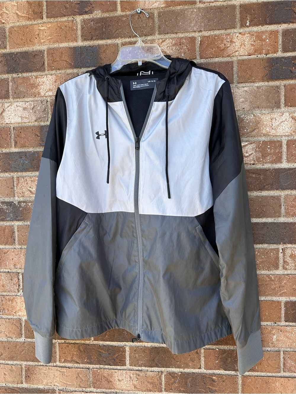 Under Armor LG Gray, White & Black Hooded Windbreaker Jacket